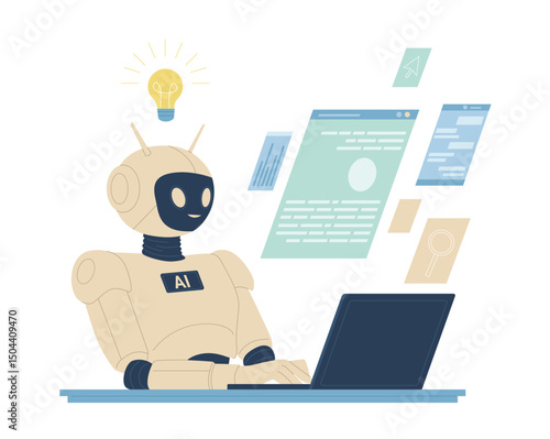 AI chatbot support, machine learning, chat interaction of customer and artificial intelligence. Cute robot typing at laptop, online help and answers of virtual assistant cartoon vector illustration