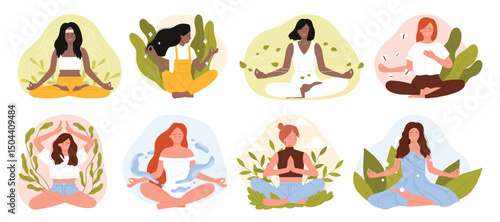 Women meditate in yoga lotus position set. Happy female characters training calm and tranquil mind balance, harmony and zen spirit in peaceful spiritual yogi pose cartoon vector illustration