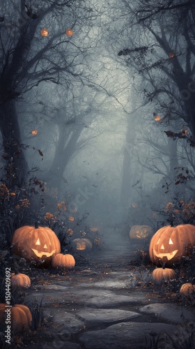 Spooky Halloween Pumpkin Path in Eerie Misty Forest During Autumn Night