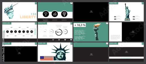 Business banner, presentation of the Statue of Liberty. Welcome to business New York. USA Independence Day. Green template design, holiday.National symbol of America advertisement. Vector illustration