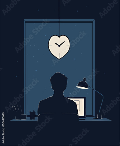 Silhouette of a man working late at a desk under a heart-shaped clock.