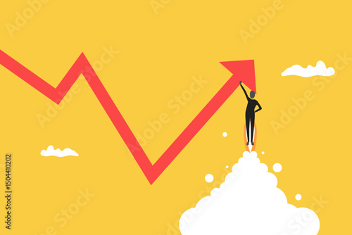 Businessman with jetpack turning direction of graph to point upward. concept of Finance and economy