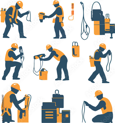 Skilled male workers in safety gear engaged in various electrical tasks.