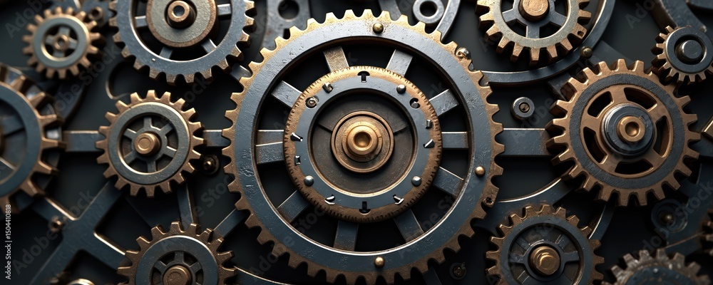Close-up of gear with gold center. Cogwheels create intricate industrial machine. Metallic cog, sprockets, pinion, transmission, power motion. Engineering, manufacturing, workshop, factory. Close-up of gear with gold center. Cogwheels create intricate industrial machine. Metallic cog, sprockets, pinion, transmission, power motion. Engineering, manufacturing, workshop, factory.