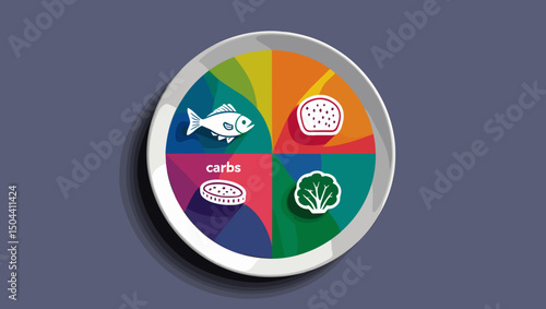 Colorful plate divided into sections showcasing healthy food groups with a focus on carbs