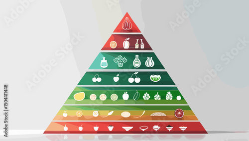 Colorful food pyramid graphic illustrating nutritional categories and healthy eating on a light background
