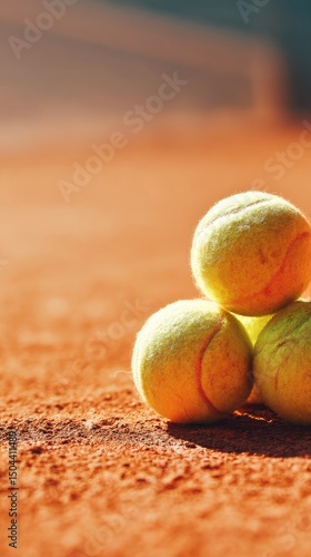 Tennis Balls Resting on Clay Court Surface After Intense Match at Sunset in O...