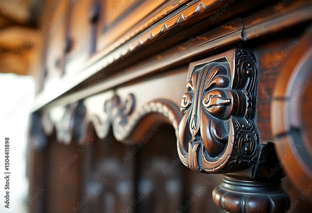 Fototapeta premium close up of a wooden table with carvings on it