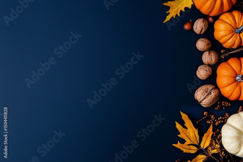 Autumn Decorative Arrangement With Pumpkins, Leaves, and Nuts on a Blue Backg...