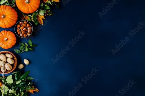 Autumn Harvest Display Featuring Pumpkins, Nuts, and Leaves on a Dark Background