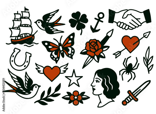 Vector Collection of old school tattoo elements. Traditional, Retro style. Butterfly, Fire, Heart, Rose, Swallow and Skull