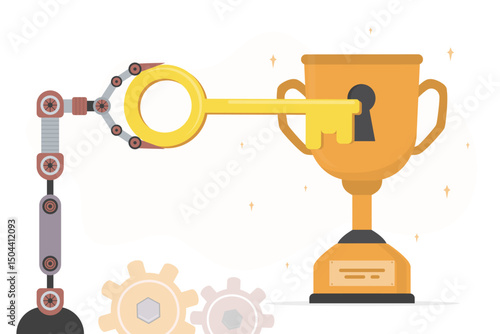 AI robot uses large key to unlock path to success. Golden winner cup with keyhole. Chat bot searching opportunity, inspiration. partnership and problem solving
