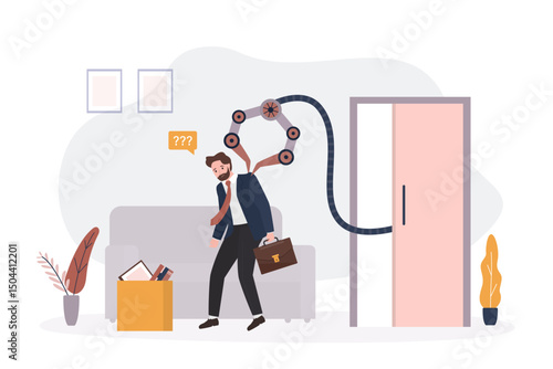 Dismissal concept, staff reduction. Robot manipulator push male employee to exit. Angry man leaving office. High efficiency, automation,