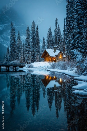 Cozy Cabin by a Serene Lake Reflecting Snowy Trees at Dusk