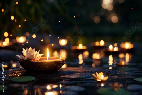 Floating Lanterns Illuminate a Serene Pond at Dusk During a Tranquil Evening ...