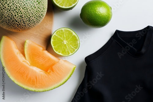 Fresh Fruit and Black Clothing Arranged on a Wooden Surface in a Kitchen Setting