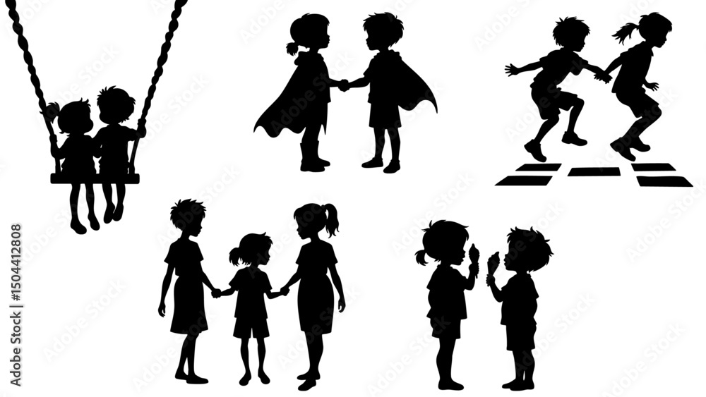 Obraz premium Kids Playing Silhouettes, Childhood Fun with Ice Cream, Superheroes, and Outdoor Games