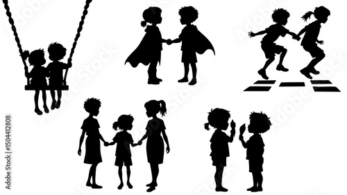Kids Playing Silhouettes, Childhood Fun with Ice Cream, Superheroes, and Outdoor Games