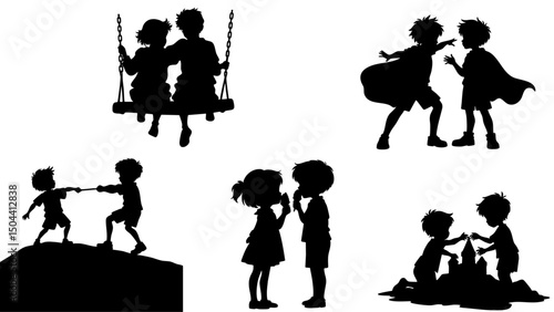 Kids Playing Silhouettes, Childhood Fun, Outdoor Games, and Creative Activities Vector Set