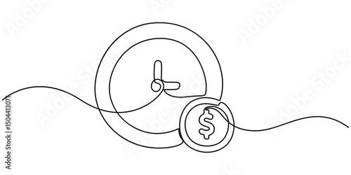 Time Value of Money Flat Line Icon, Outline Vector Symbol Illustration. Pixel Perfect, Clock and coin with dollar sign continuous one line drawing, Time Is Money Line icon, Sketch Design, Pixel.