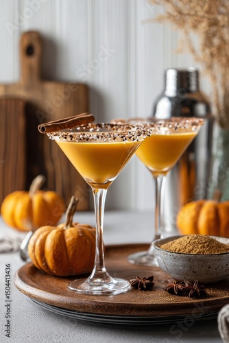 Seasonal Cocktails With Pumpkins on a Wooden Tray During Autumn