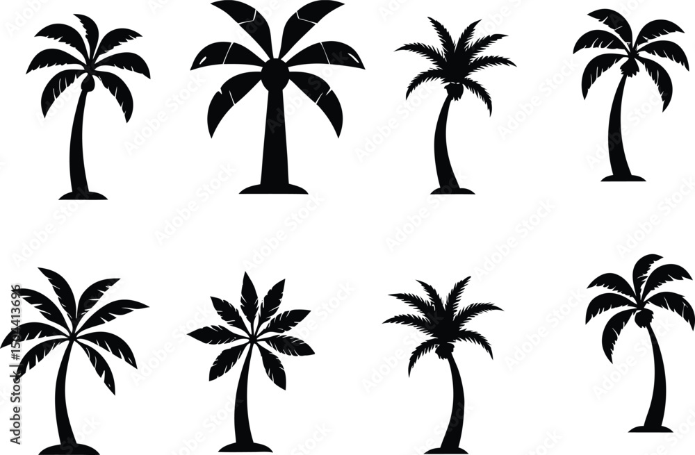 Obraz premium Set of Black Palm Tree Silhouettes Isolated on White Background