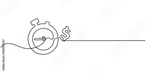 Time Value of Money Flat Line Icon, Outline Vector Symbol Illustration. Pixel Perfect, Clock and coin with dollar sign continuous one line drawing, Time Is Money Line icon, Sketch Design, Pixel.