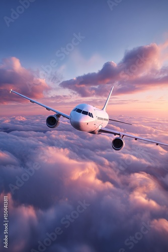 Airplane Flying Through Clouds During Sunset Against a Colorful Sky