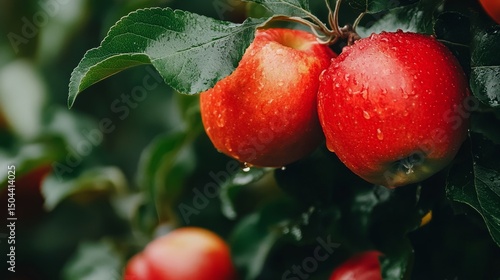 Fresh Red Apples Glistening With Water Droplets on a Tree Branch During Autum...