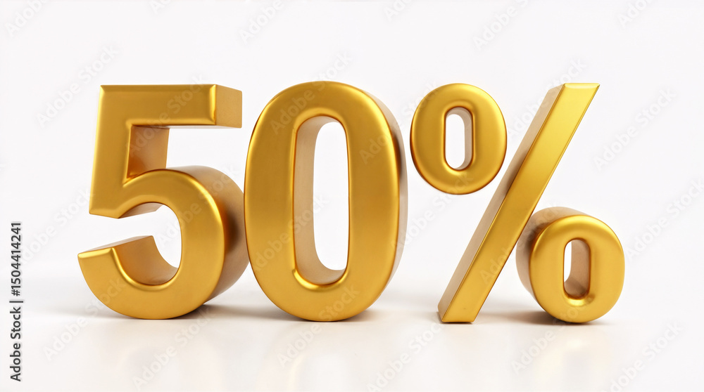 A shiny 3D golden “50%” symbol A shiny 3D golden “50%” symbol
