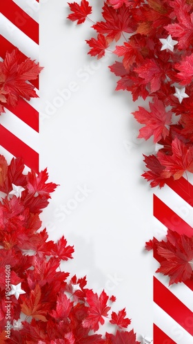 Decorative Red Maple Leaves and Striped Elements Create a Festive Backdrop fo...