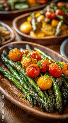 Freshly Grilled Asparagus and Cherry Tomatoes Served on Wooden Plates at a Ru...