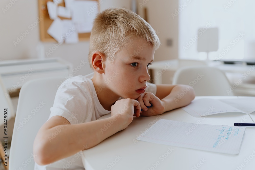Fototapeta premium A loving mother and her son work together on homework at the kitchen table, symbolizing family support, education, and care. The scene highlights the importance of parental guidance