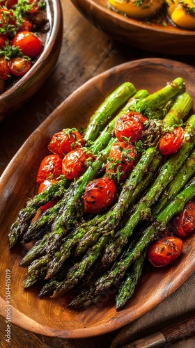 Freshly Roasted Asparagus With Cherry Tomatoes Served on a Wooden Platter at ...