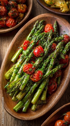 Freshly Roasted Asparagus With Cherry Tomatoes Served on a Wooden Platter at ...