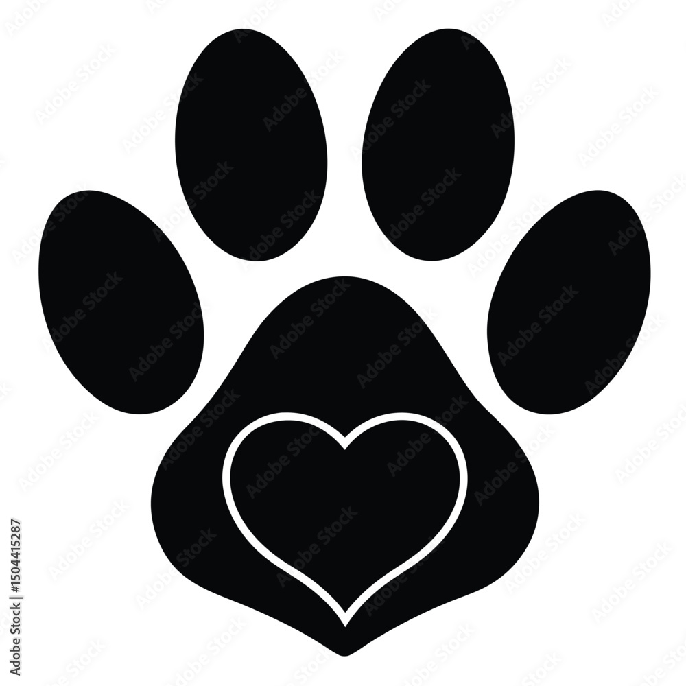 Fototapeta premium Paw Print with Heart Icon, Pet Love Symbol, Black and White Animal Footprint Illustration