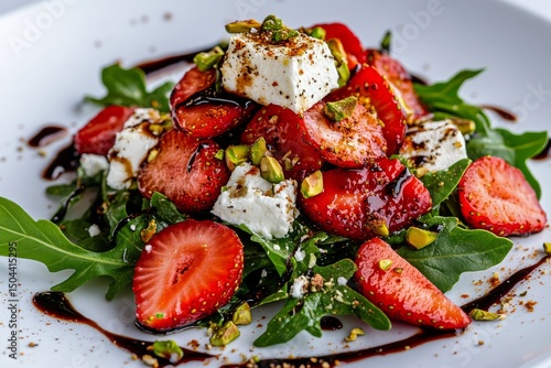 Fresh Strawberry Salad With Goat Cheese, Nuts, and Balsamic Glaze on a Plate