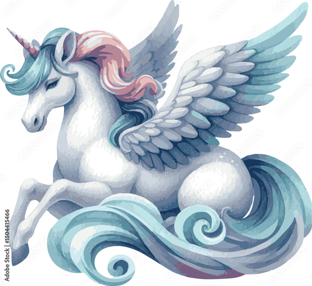 Obraz premium Vector watercolor painted illustration of unicorn pegasus