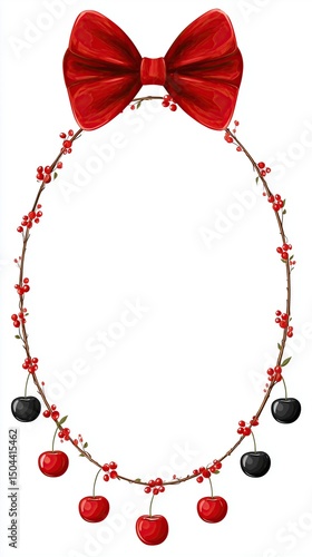 Festive oval frame made of branches red berries cherries and large red bow on white background