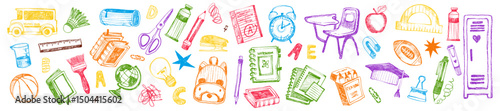Back to school doodle set, vector hand drawn wax crayon kids education print, cartoon stationery. Colorful pencil student supply objects, backpack, classroom items. Cute back to school illustration