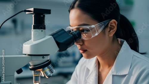 Female Scientist Conducting Advanced Research with a Microscope in a Modern Laboratory