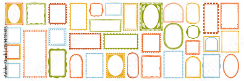 Wavy wedding frame set, vector hand drawn geometric border, simple trendy doodle ornamental stamp. Square arch oval shape empty banner, modern summer minimal decor design. Wavy frame print collection