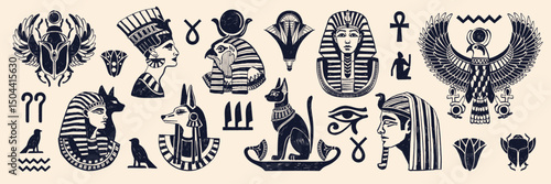 Ancient Egypt god print set, hand drawn Egyptian mythology antique archaeology pencil illustration. Spiritual magic art, pharaoh face, Anubis head, religion Osiris symbol. Egypt traditional print kit