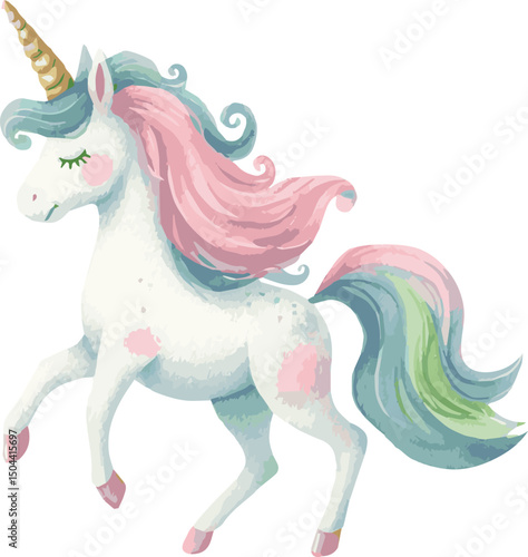 Adorable beautiful watercolor vector illustration of a soft light unicorn