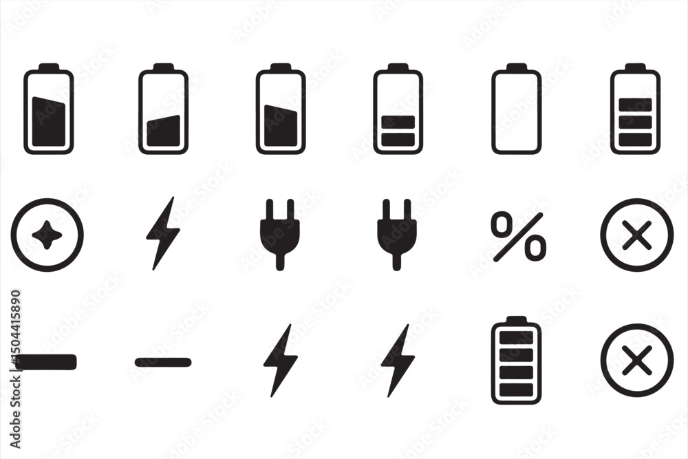 Set of Black and White Battery Icons for Technology and Mobile Apps Set of Black and White Battery Icons for Technology and Mobile Apps