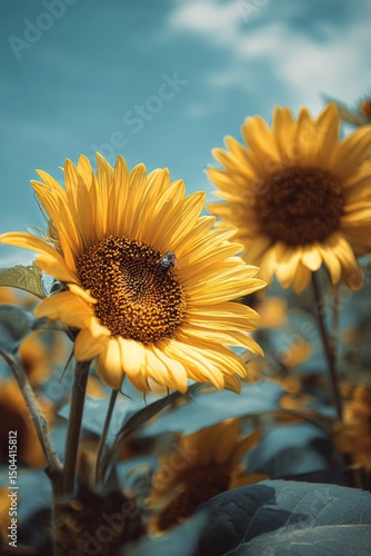 Beautiful Sunflowers Blooming on a Sunny Day With a Bee Collecting Nectar in ...