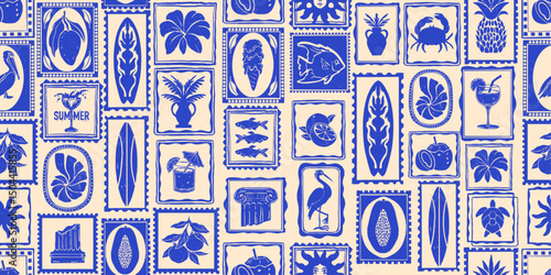 Exotic summer seamless pattern, coastal Mediterranean mosaic repeat background, travel surf print. Tropical abstract blue texture, hand drawn ocean tile decoration banner. Aloha beach summer pattern