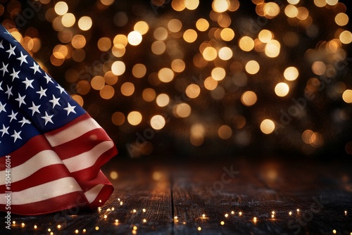 American Flag Drapes Over Wooden Table With Warm Golden Lights During Festive...
