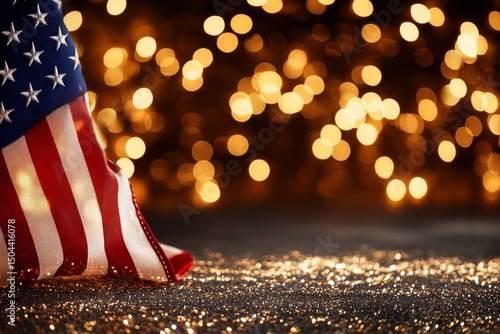 American Flag Drapes Over Wooden Table With Warm Golden Lights During Festive...