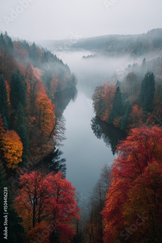 Scenic View of Autumn Foliage and Mist Over Tranquil River in Mountainous Region